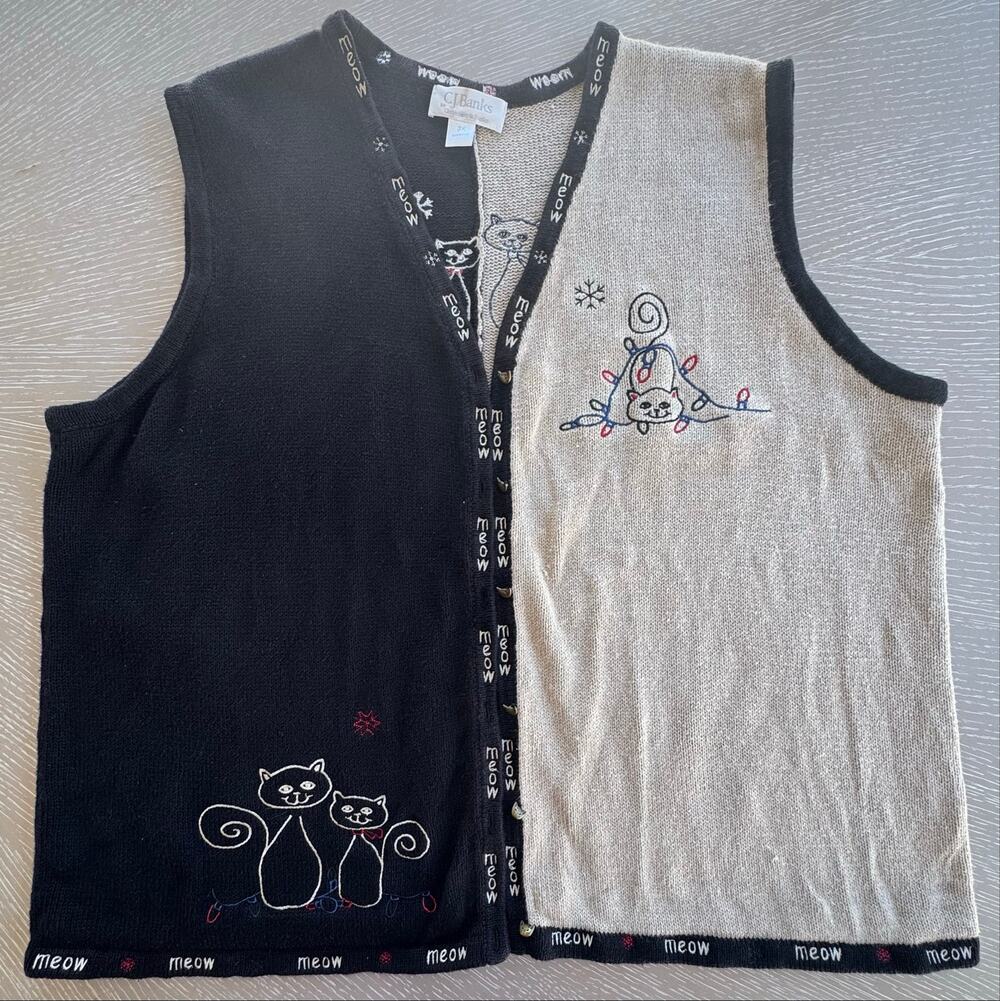 VTG 2004 CJ Banks Cat Winter Sweater Vest 3X Ramie Cotton Novelty Whimsical